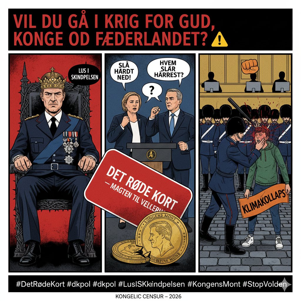 JohnErikWagner's tweet image. KRIG FOR GUD, KONGE &amp;amp; FÆDRELAND? 
​Systemet siger JA til vold! Kongen taler om ”lus i skindpelsen”, og Mette vil ”slå hårdt ned”. Resultatet er en garder, der slår en ung mand ned, mens pøbelen jubler på nettet.
​Valgkamp på vold splitter os.
​#dkpol #Amalienborg 
#kongen #MetteF