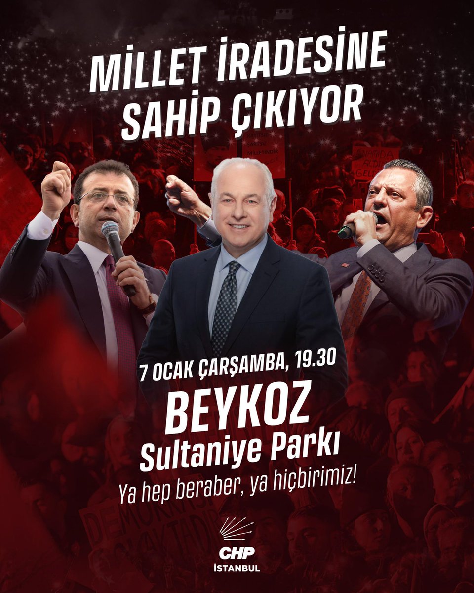 Yılın ilk eyleminde Beykoz’da buluşuyoruz! 
Genel Başkanımız Özgür Özel öncülüğünde,
Cumhurbaşkanı adayımız Ekrem İmamoğlu ve tüm yol arkadaşlarımızla birlikte
millet iradesine sahip çıkmak için bir araya geliyoruz.
🗓️ 7 Ocak Çarşamba | 19.30
📍 Beykoz – Sultaniye Parkı