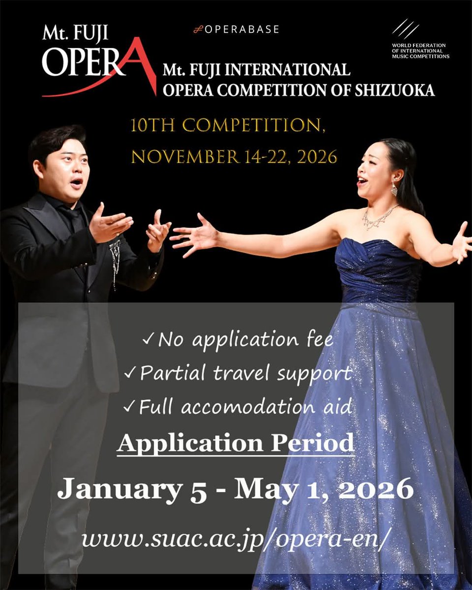 shizuokaopera's tweet photo. #MtFujiOpera "Call for Entry" advertisement on #Operabase Facebook page✨️
We are looking forward to applications from singers aged 33 or younger at the
time of the competition!
Applications start to accept from Jan. 5th🤗
https://t.co/hAT7BBg0z8 https://t.co/Q0iNJw9CxL