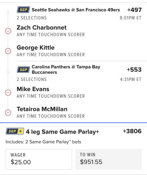 ColesAlgoPicks's tweet photo. ๐ฃ ANYTIME TD SGP+ ๐ฃ
๐ Zach Charbonnet ATD
๐ George Kittle ATD
๐ Mike Evans ATD
๐ Tetairoa McMillan ATD
๐๏ธ 4-Leg SGP+: +3806
๐ต $25 โ $951.55
Touchdown hunting ๐งจ๐ฅ #NFLPicks #SGP #AnytimeTD https://t.co/9PMYZNBn9b
