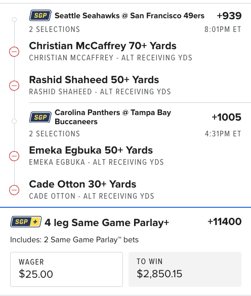 ColesAlgoPicks's tweet photo. ๐ฃ ALT YARDS SGP+ ๐ฃ
๐ Christian McCaffrey 70+ Rec Yds
๐ Rashid Shaheed 50+ Rec Yds
๐ Emeka Egbuka 50+ Rec Yds
๐ Cade Otton 30+ Rec Yds
๐๏ธ 4-Leg SGP+: +11400
๐ต $25 โ $2,850.15
Volume plays ๐๐ฅ #NFLPicks #SGP #AltYards https://t.co/nCZlKY4bL1