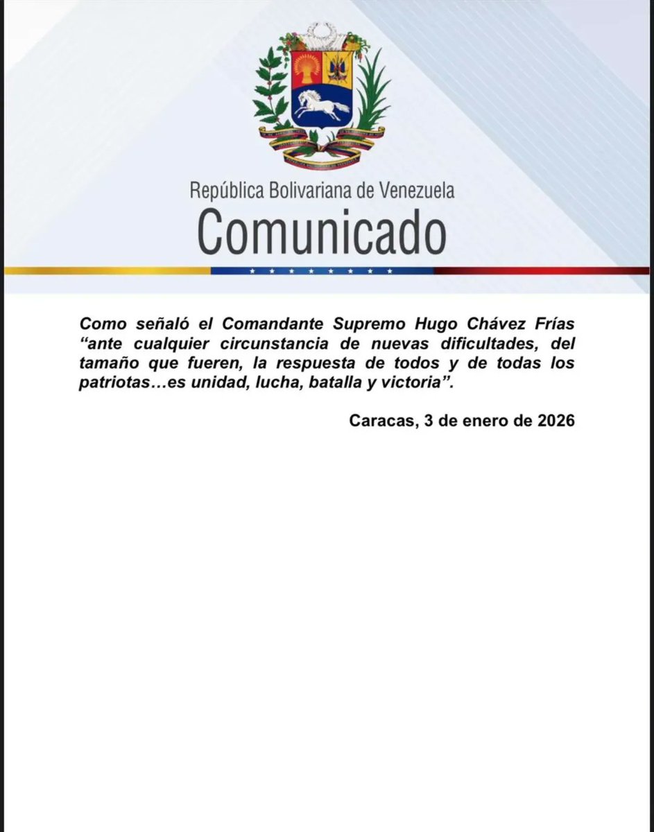 Como República Bolivariana de Venezuela, denunciamos la agresión militar de EEUU contra el país. Nuestro presidente Nicolás Maduro ha ordenado el Estado de conmoción exterior. Unidad, lucha, batalla y victoria. #Venezuela #Paz 🇻🇪