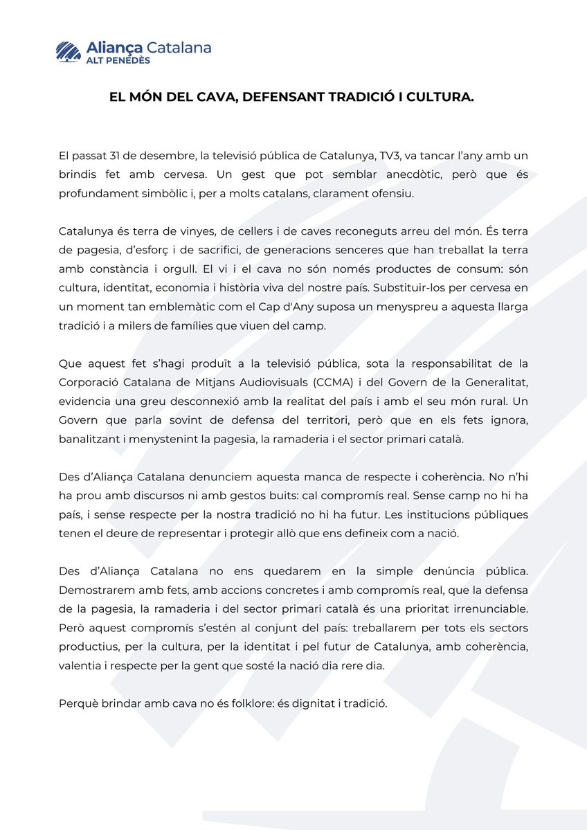 AltPenedesAC's tweet image. ‼️Comunicat d’AC-Alt Penedès respecte al brindis amb cervesa a TV3 per Cap d'Any.

Un menyspreu a la tradició vitivinícola catalana, el cava és cultura, identitat i economia del país. Reclamem respecte pel sector primari i coherència institucional: sense la pagesia no hi ha país.…