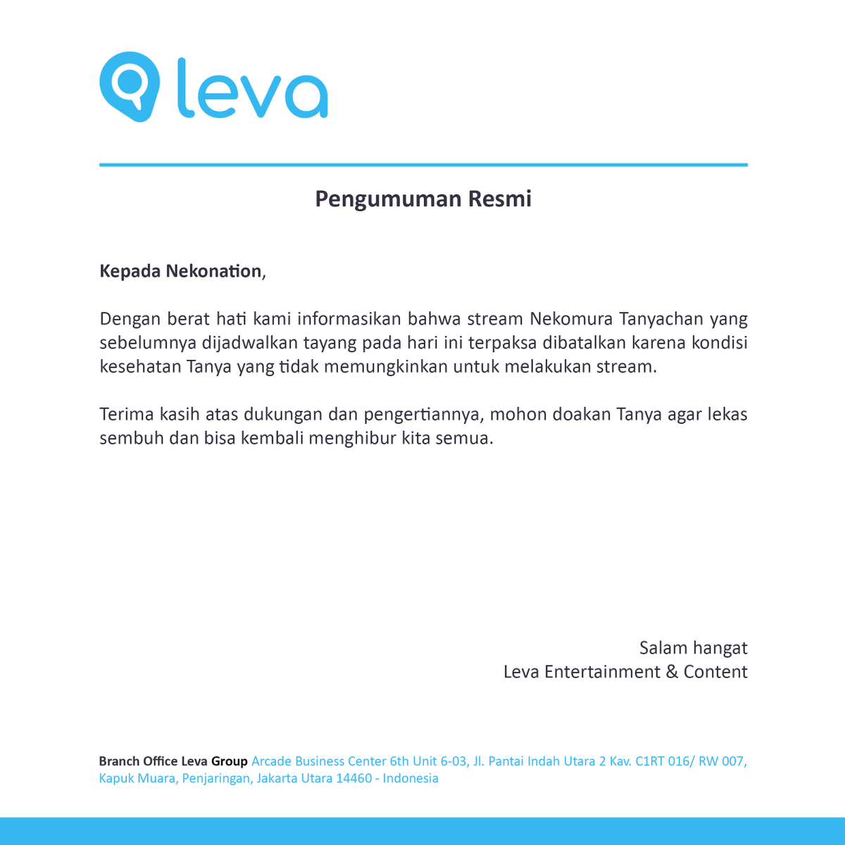 levaindonesia's tweet photo. Pengumuman resmi terkait jadwal @NekomuraTanya hari ini. https://t.co/AHIc2Z8TOi