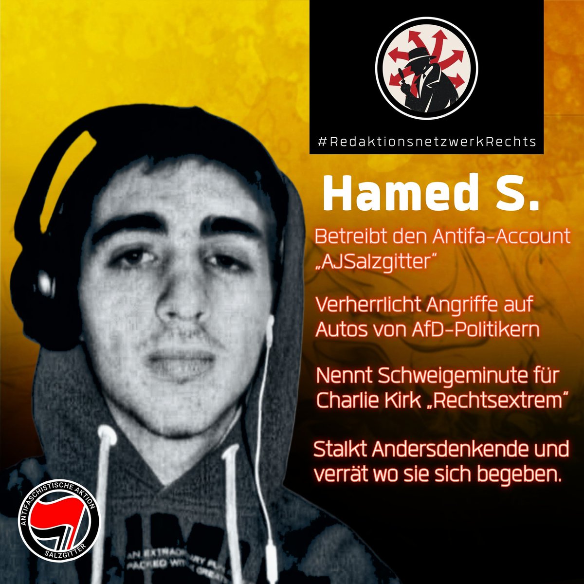 JournoZiege's tweet image. Hinter dem Antifa-Account @AJSalzgitter steckt Hamed S.

#RedaktionsnetzwerkRechts