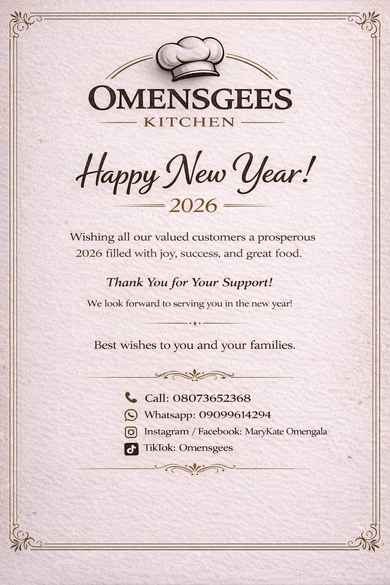 MOmengala's tweet photo. ✨ Happy New Year from Omensgee Kitchen! ✨
Thank you for trusting us with your meals and market runs.
Here’s to more quality food, convenience, and great service in 2026 🥂
https://t.co/EpLiUtR7PF https://t.co/TRH5jvR0Qn