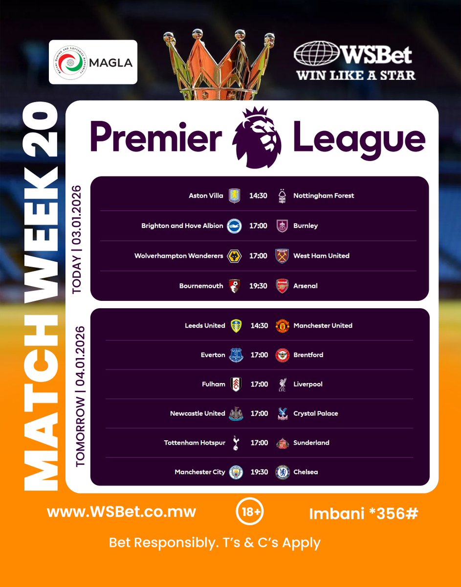 Wsbetting_mw's tweet photo. β½π₯ Premier League Matchweek 20 is here!
Big games, big decisions. Who are you backing? π
#PremierLeague #Matchweek20 #WinLikeAStar https://t.co/cd9JWholDJ