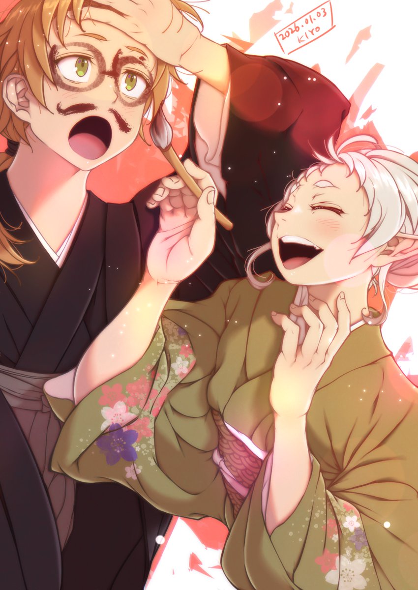 無職転生
着物ルディとシルフィ

顔に描かれてしまっているルディと
笑いすぎのシルフィでした

今年１枚目の絵です…！
本年も宜しくお願い致します🙇
#無職転生