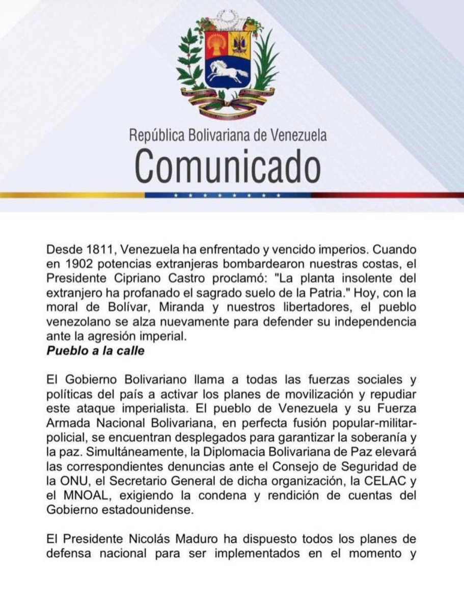 ALBATCP_Cuba's tweet photo. Estados Unidos ha atacado la soberanía del pueblo venezolano.

«El Gobierno Venezolano llama a todas las fuerzas políticas y sociales del país a activar todos los planes de movilización»

Nuestro completo repudio ante el ataque y nuestras más sincera solidaridad con Venezuela https://t.co/HPoFa90TnL