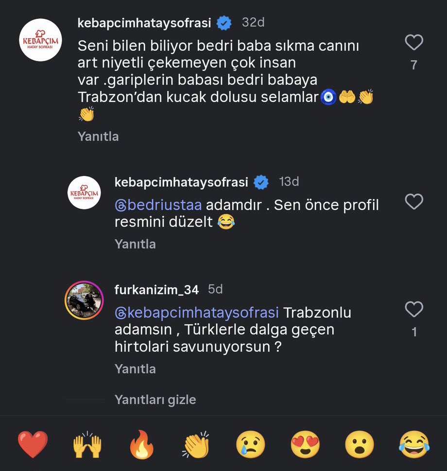 ajans_muhbir's tweet photo. Trabzon’da faaliyet gösteren Kebapçım Hatay Sofrası, Bedri Usta’ya destek mesajı yayınladı.

Trabzonlular, ilgili mekana büyük tepki gösteriyor. https://t.co/183KT3GcRf