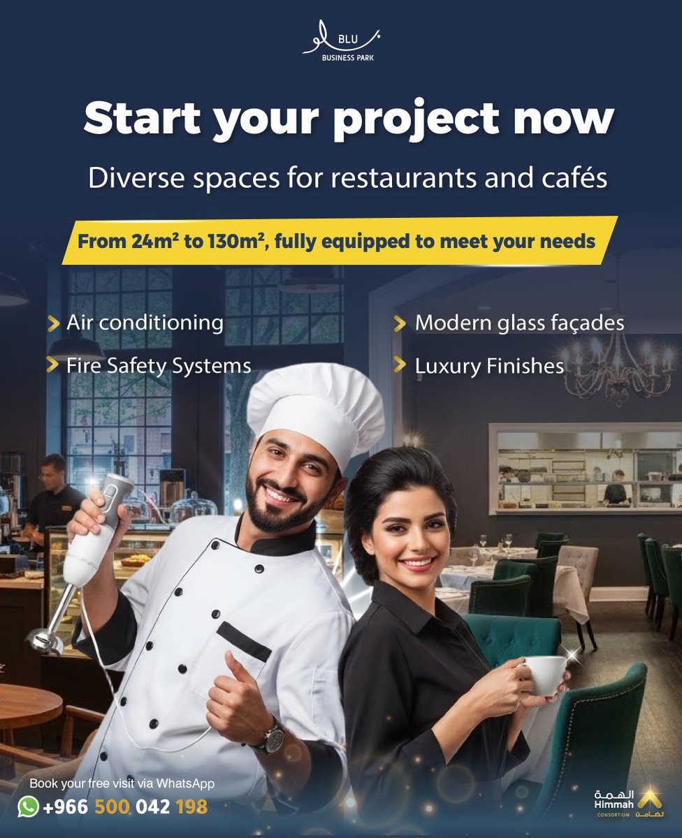 Start your business today at BLU Himmah Consortium!   🍽️☕ Spaces for restaurants &amp; cafés from 24m² to 130m² 🪟 Glass façades | ❄️ Air conditioning | 🔥 Fire safety | ✨ Luxury finishes
📲 Book your free visit via WhatsApp: +966 500 042 198
#office #HimmahConsortium #SaudiArabia