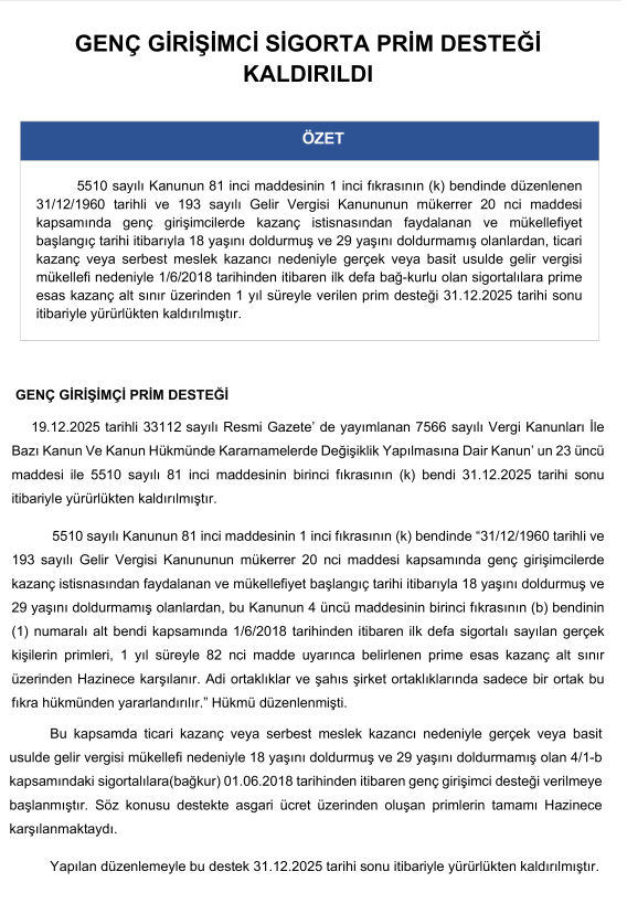 Murat__OKTAY's tweet photo. GENÇ GİRİŞİMCİLERE BAĞ-KUR PRİMİ ŞOKU

Genç Girişimcilere sağlanan 1 yıl Bağ-Kur prim desteği, 01.01.2026 İtibari ile İptal Edildi.

📌 2025 yılı Şubat ayı ve Sonrası vergi açılışı yapıp,

📌 2026 yılında faaliyetine devam eden genç girişimciler için Bağ-Kur prim destekleri 01.01.2026 İtibari ile kaldırılmıştır.

Örnek : 2025 Nisan ayında açılış yaptınız 2026 Nisan ayına kadar Bağkur Desteğiniz vardı.  Fakat Bu Desteğiniz 31.12.2025 İtibari ile Sonlandırıldı. 

⚠️ Bu Durumda Olanların e-Devlet üzerinden Bağ-Kur borçlarını kontrol etmeleri, Ocak ayı sonuna kadar oluşan prim borçlarını ödemeleri gerekmektedir.

📢 Aksi halde Sağlık Aktivasyonu alamayacak ve gecikme zammı ile karşılaşılması kaçınılmazdır.