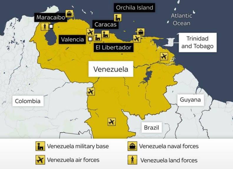 WSIntelMonitor's tweet photo. Sky News published a map of the alleged targets of US strikes - military air force and naval bases in Venezuela.
#US #usarmy #Venezuela #Trump #Maduro #war #military #news #now https://t.co/L5DNqWyaVo