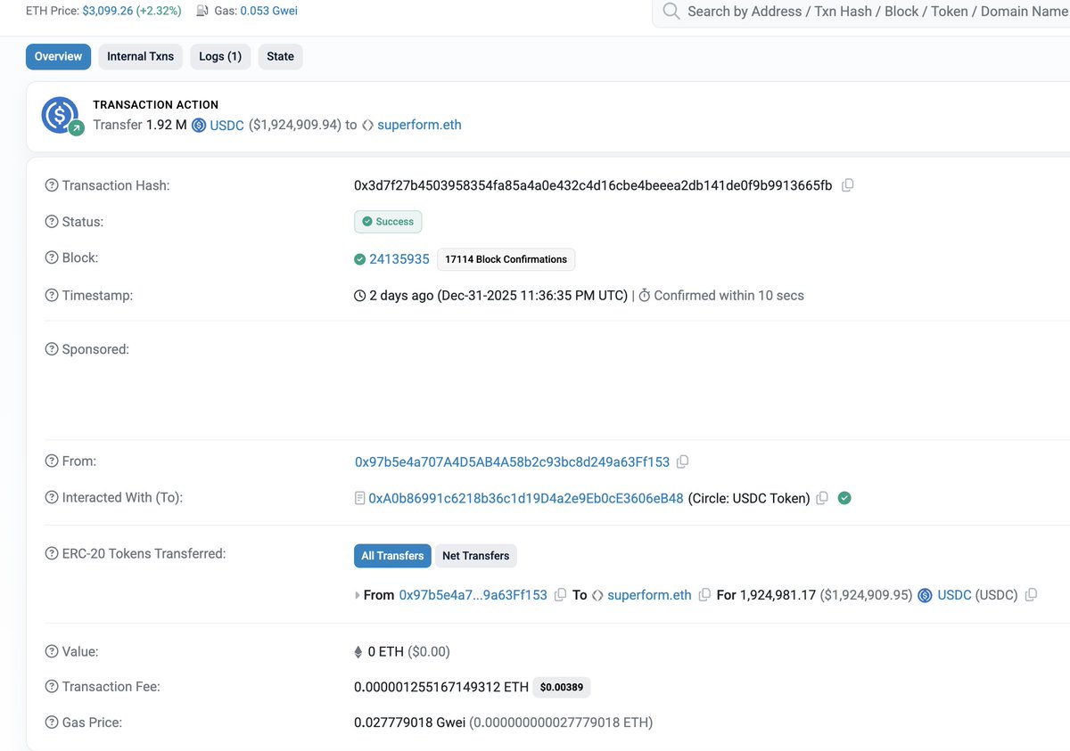 FireTenno's tweet photo. 2 days ago, USDC from sale $UP at @cookiedotfun x @legiondotcc sent again from superform owned contract to a wallet with ens name superform.eth

tx hash you can see here
https://t.co/IuxijudlCp https://t.co/0BZre3mP4x