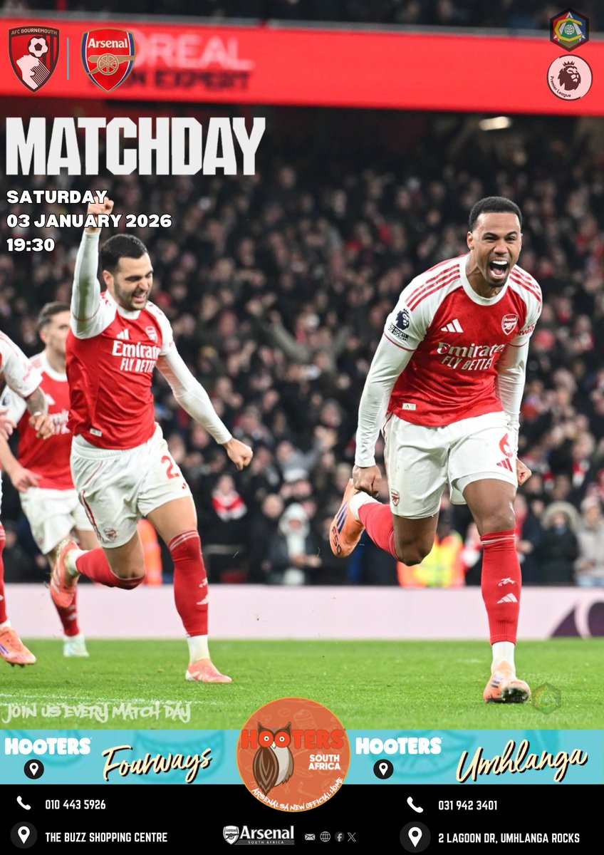 ArsenalSA's tweet photo. Its Match day!!!Saturday night clash against Bournemouth at the Vitality Stadium

Don't forget to catch the game at @ArsenalSA  official venues at @Hooters_SA  - Fourways and Umhlanga to show support for the @Arsenal 

#coyg #arsenal #arsenalsa #matchday #epl https://t.co/0iGxWQdZmM