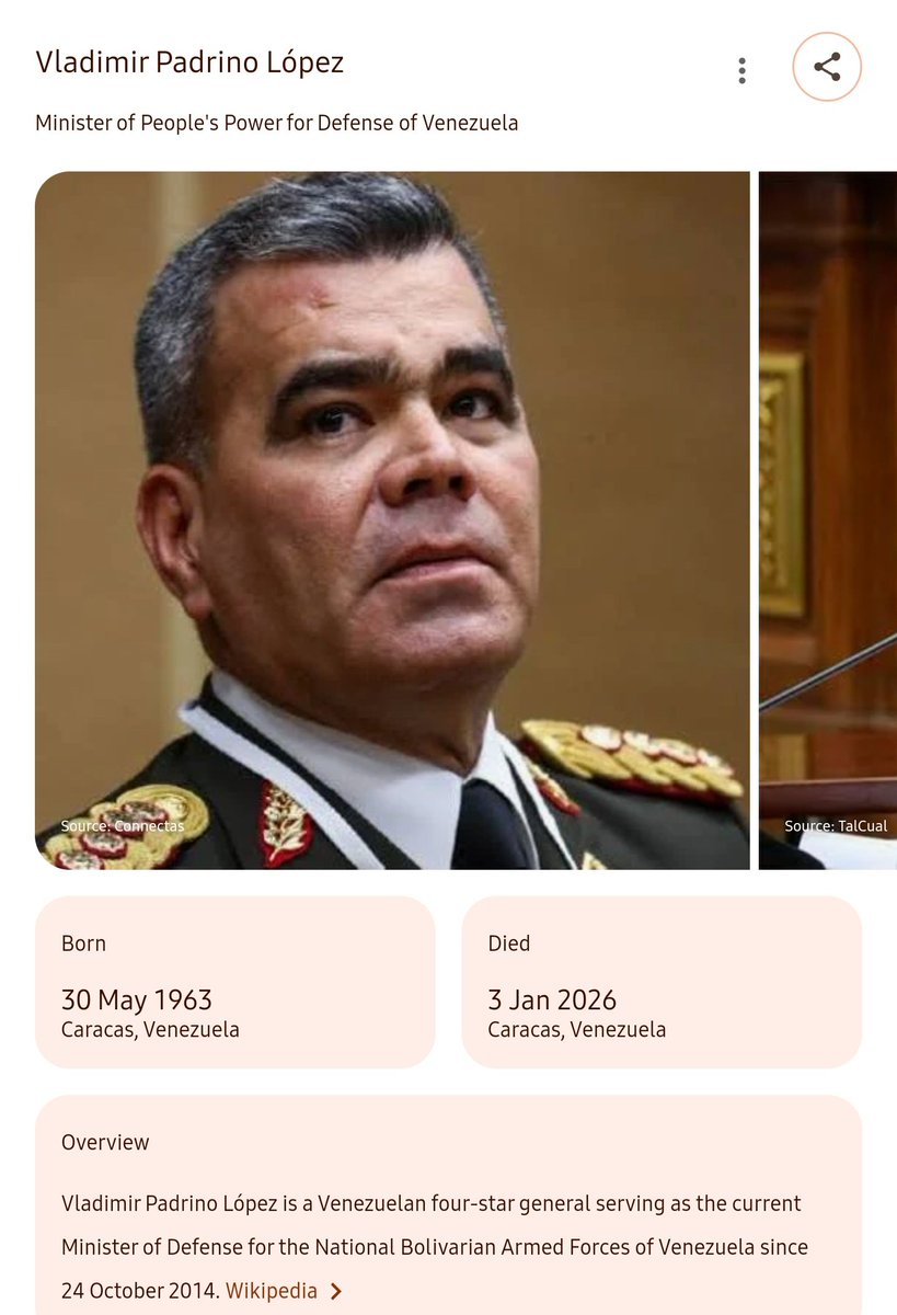 Searching the Venezuelan Defence Minister on Google says he died today, following a strike on his residence. Although its not officially confirmed yet.
