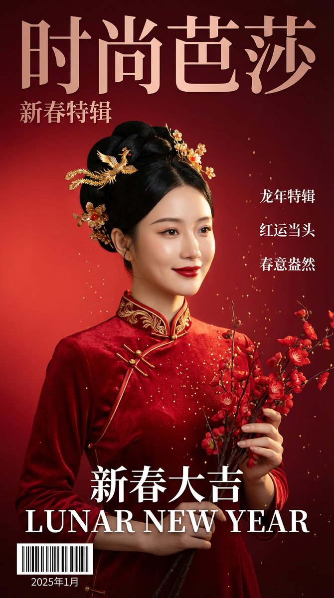xpg0970's tweet photo. 这个杂志风格确实很酷，俺也逆向了一个通用版本

逆向的元提示词：

高端时尚杂志封面 — 通用提示词模板

  ---
  变量配置

  杂志信息
  杂志名称：[如：VOGUE / ELLE / HARPER'S BAZAAR / 时尚芭莎]
  期刊信息：[如：DECEMBER ISSUE / SPRING ISSUE / 十二月刊]
  出版日期：[如：DECEMBER 2024 / 2024年12月]

  主题设定
  节日/主题：[如：圣诞节 / 春节 / 情人节 / 秋冬季 / 周年特辑]
  主题标题：[如：MERRY CHRISTMAS / 新春特辑 / VALENTINE'S DAY]
  副标题1：[如：WINTER CALM / 冬日静谧]
  副标题2：[如：HOLIDAY EDIT / 节日特辑]
  副标题3：[如：THE RED SEASON / 红色季节]

  色彩基调
  主色调：[如：深酒红 / 墨绿 / 香槟金 / 皇室蓝 / 纯白]
  背景色：[如：勃艮第红渐变 / 深森林绿 / 暖金色]
  文字色：[如：香槟金 / 银白 / 玫瑰金]

  模特设定
  模特类型：[如：亚洲女性 / 欧美女性 / 男模]
  发型发色：[如：黑色长直发 / 金色波浪卷 / 短发]
  妆容风格：[如：淡雅精致 / 浓郁烟熏 / 自然裸妆]
  表情神态：[如：冷峻疏离 / 微笑温柔 / 侧脸闭眼 / 直视镜头]
  肤质要求：[如：细腻光泽 / 自然质感 / 高光修容]

  服装设定
  服装类型：[如：羊羔绒大衣 / 丝绒礼服 / 皮草披肩 / 针织毛衣]
  服装颜色：[如：酒红色 / 墨绿色 / 象牙白 / 金色]
  服装质感：[如：毛绒蓬松 / 丝滑垂坠 / 皮质硬挺]

  动物/伴侣元素（可选）
  动物类型：[如：马 / 狗 / 猫 / 鹿 / 天鹅 / 无]
  动物颜色：[如：深红棕 / 纯白 / 黑色]
  动物配饰：[如：红色皮质缰绳 / 金色项圈 / 花环]
  人物与动物关系：[如：依偎 / 抚摸 / 并肩 / 对视]

  道具元素
  手持道具：[如：雪松枝 / 玫瑰花束 / 礼物盒 / 香槟杯 / 无]
  环境道具：[如：飘雪 / 花瓣 / 金色亮片 / 烟雾]

  灯光与氛围
  灯光风格：[如：柔和棚拍光 / 侧光轮廓 / 逆光朦胧 / 戏剧聚光]
  氛围关键词：[如：静谧高级 / 温暖浪漫 / 冷艳疏离 / 梦幻仙气]

  画面规格
  画面比例：9比16竖版 / 3比4 / 4比5
  摄影风格：高端时装摄影 / 电影感人像 / 艺术肖像

  排版布局
  杂志名位置：顶部居中 / 顶部通栏
  杂志名字体：经典衬线体 / 现代无衬线
  标题分布：左侧纵向排列 / 右侧纵向排列 / 底部横向
  条形码位置：底部居中

  ---
  通用提示词结构

  9比16竖版高端时尚杂志封面，[摄影风格]，8K画质。

  杂志名「[杂志名称]」大号[文字色][杂志名字体]字体，[杂志名位置]。
  期刊信息「[期刊信息]」置于杂志名下方。

  主题：[节日/主题]特辑。

  模特：[模特类型]，[发型发色]，[妆容风格]，[表情神态]，皮肤[肤质要求]。
  服装：[服装类型]，[服装颜色]，[服装质感]。

  [动物/伴侣元素描述]

  道具：手持[手持道具]，[环境道具]点缀。

  背景：纯[背景色]，柔和渐变，边缘微暗角。

  灯光：[灯光风格]，[氛围关键词]质感。

  排版布局：
  主题标题「[主题标题]」
  副标题「[副标题1]」「[副标题2]」「[副标题3]」[标题分布]
  底部条形码+「[出版日期]」

  整体风格：高级时装大片，电影感，杂志封面质感。

  比例9比16

  负面词：低分辨率、模糊、业余、过度修图、塑料感、卡通、文字错误