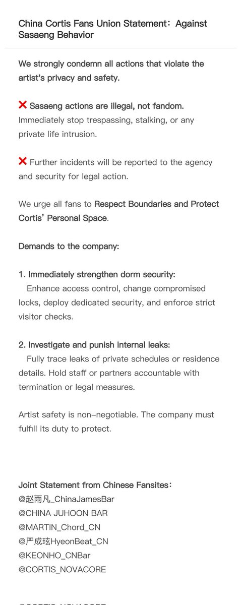 China CORTIS Fans Union Statement:Against Sasaeng Behavior
We condemn all violations of the artist's privacy and safety. We urge respect for their personal space and demand the company fulfill its protective duty
<a href="/BIGHIT_MUSIC/">BIGHIT MUSIC</a> 
<a href="/cortis_bighit/">CORTIS</a> 
<a href="/HYBEOFFICIALtwt/">HYBE OFFICIAL</a> 
#CORTIS #코르티스