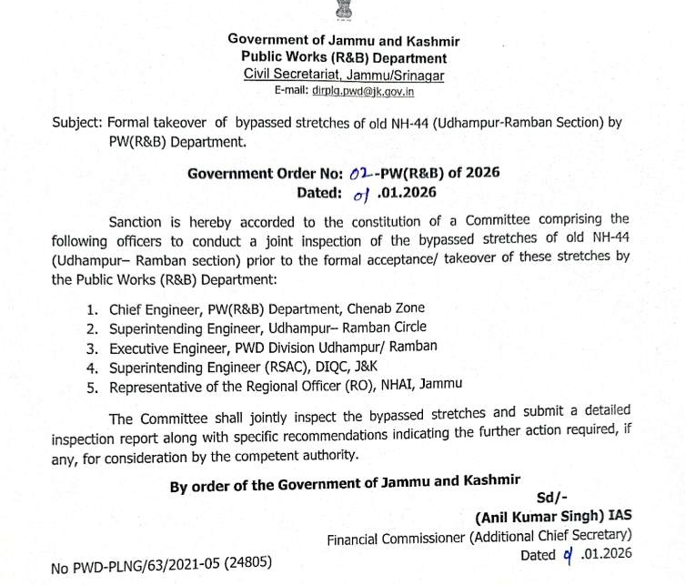 jkmediasocial's tweet image. Government of Jammu and Kashmir has constituted a committee to conduct a joint #inspection of the bypassed stretches of the old National Highway-44 between #Udhampur and #Ramban before their formal takeover by the Public Works (R&amp;amp;B) Department.