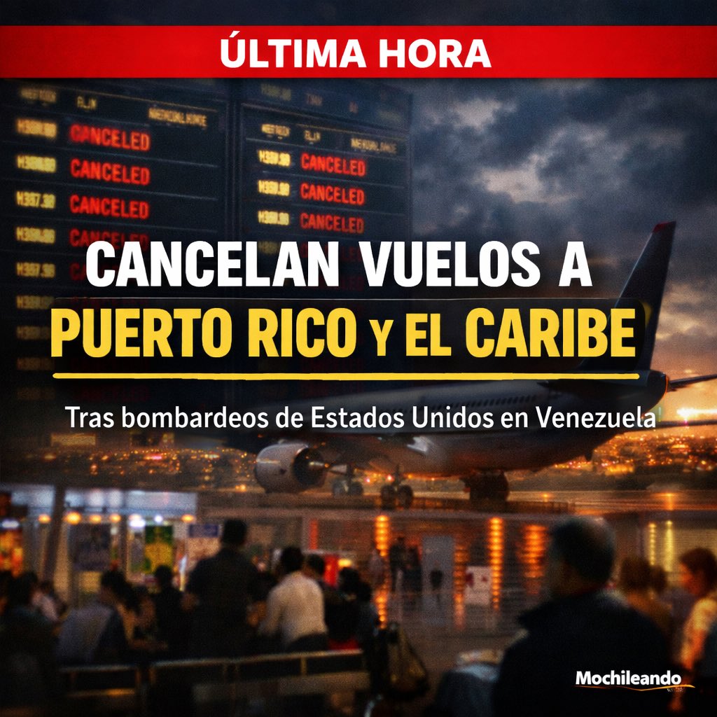 WilMochileando's tweet image. ⚠️ Ultima Hora: Cancelan vuelos a Puerto Rico y el Caribe por bombardeo de Estados Unidos a Venezuela.  ✈️🌎

En las últimas horas se han reportado cancelaciones y ajustes de vuelos en el Caribe y Latinoamérica, luego de la agresión militar de Estados Unidos en Venezuela que han…