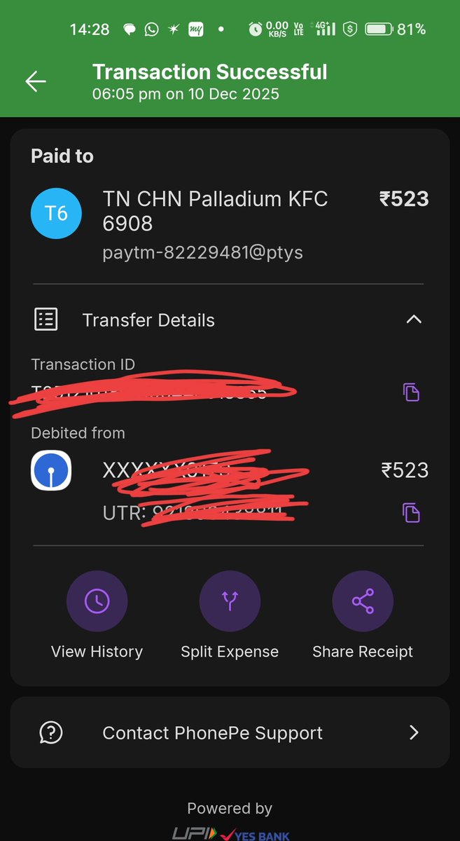 Kalyanspunk's tweet photo. @KFC_India @KFCcare
On Dec 10 at KFC Velachery Phoenix Mall, ₹523 was deducted via self-ordering machine, but the order failed due to a machine issue. Staff &amp; manager promised a refund within a week.
It’s been 20+ days now. The manager ignored calls and is now saying no refund. https://t.co/CuY036A6Vt