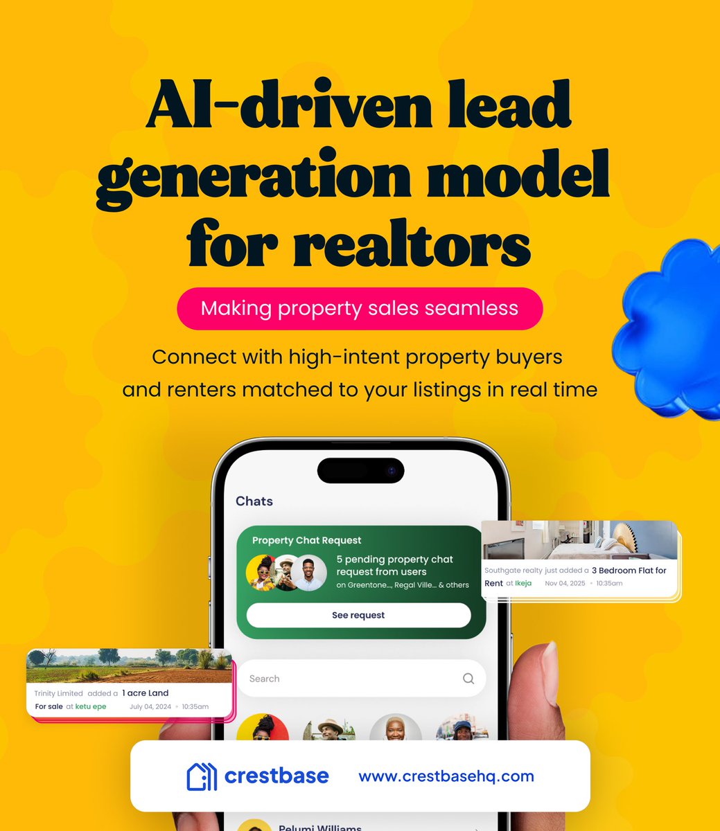 mycrestbase's tweet photo. Still posting listings everywhere and hoping the right buyer shows up?

Crestbase changes the game.

Our AI-driven lead generation model connects your properties to high-intent buyers and renters actively searching — not just scrolling.

Less stress.
Better leads.
Faster sales. https://t.co/Bzwpg86YoC