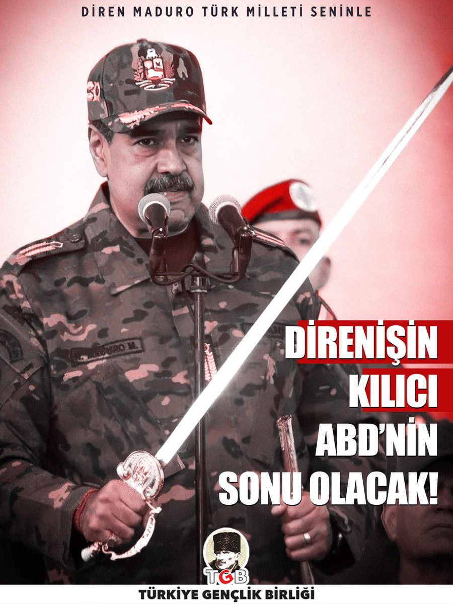 Bolivarcı Venezuela Cumhuriyeti'nin başkenti Caracas'a hava saldırısı başlatan katil ABD’ye karşı, Nicolas Maduro’nun ve Bolivarcı Venezuela Cumhuriyeti’nin yanındayız. 🇹🇷🇻🇪

7’den 70’e her bir Venezuelalı vatan savunması vermeye hazırdır. Vatanları için ABD emperyalizmine karşı