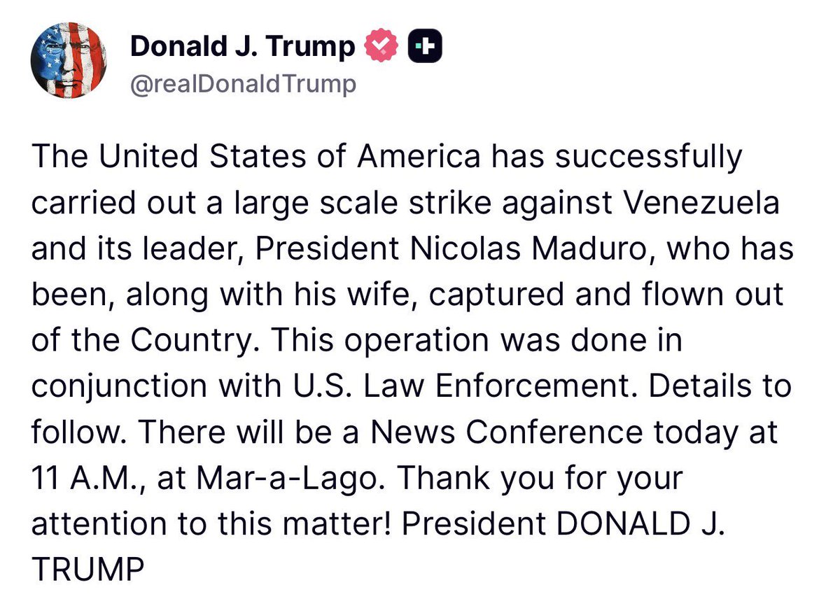 ShadeSalvo's tweet photo. 🚨#BREAKING
President Trump has released a statement on Truth about tonight’s military actions in Venezuela
#Maduro #venezuelalibre #Venezuela https://t.co/q4QzwAe7gg