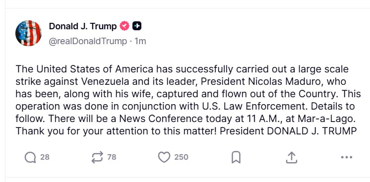 AZ_Intel_'s tweet photo. *U.S. PRESIDENT DONALD TRUMP HAS CAPTURED VENEZUELAN PRESIDENT NICOLAS MADURO AND HIS WIFE. https://t.co/a5pE3HEyBN