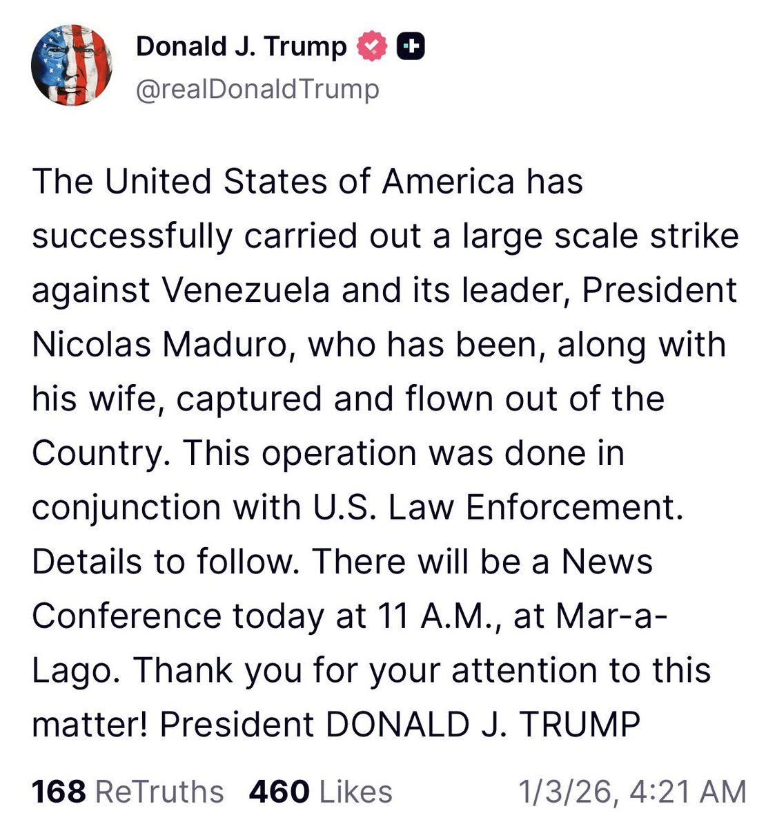 PollTracker2024's tweet image. Breaking news: Trump has announced the US has captured Venezuela President Nicolas Maduro and his wife