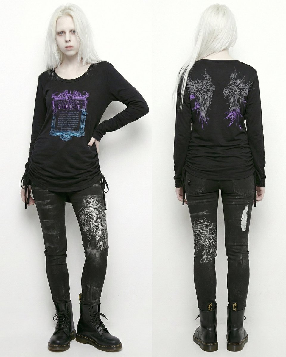 新品未使用　h.NAOTO　SEVEN　Greed　ユニセックス　カットソー　黒 Devil Wings and Cat Gather TOPS】 h.NAOTO人気定番のロングセラー