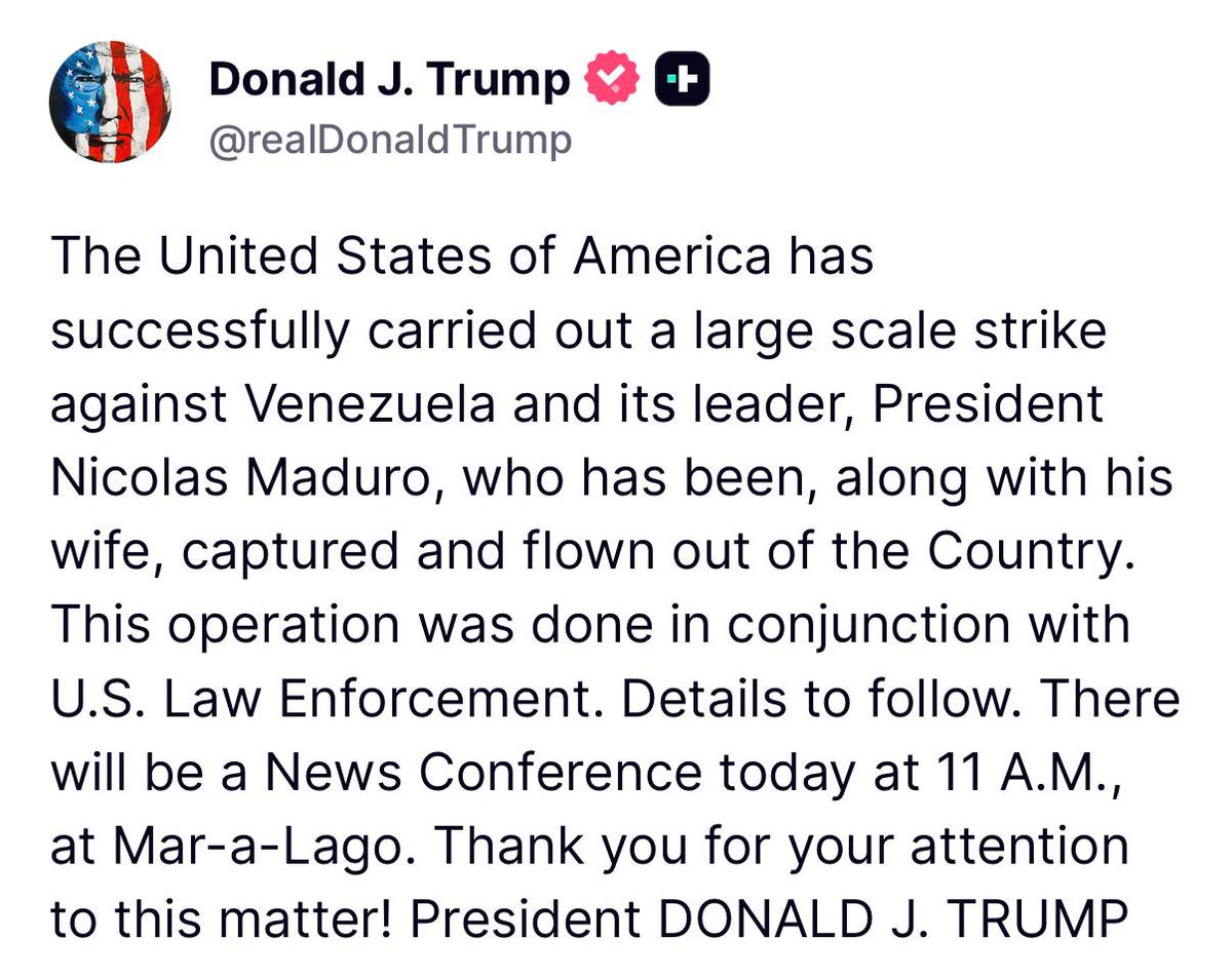 ultimoranet's tweet image. 🔴🔴 FLASH— TRUMP: GLI STATI UNITI HANNO CATTURATO MADURO E LA MOGLIE @ultimoranet
