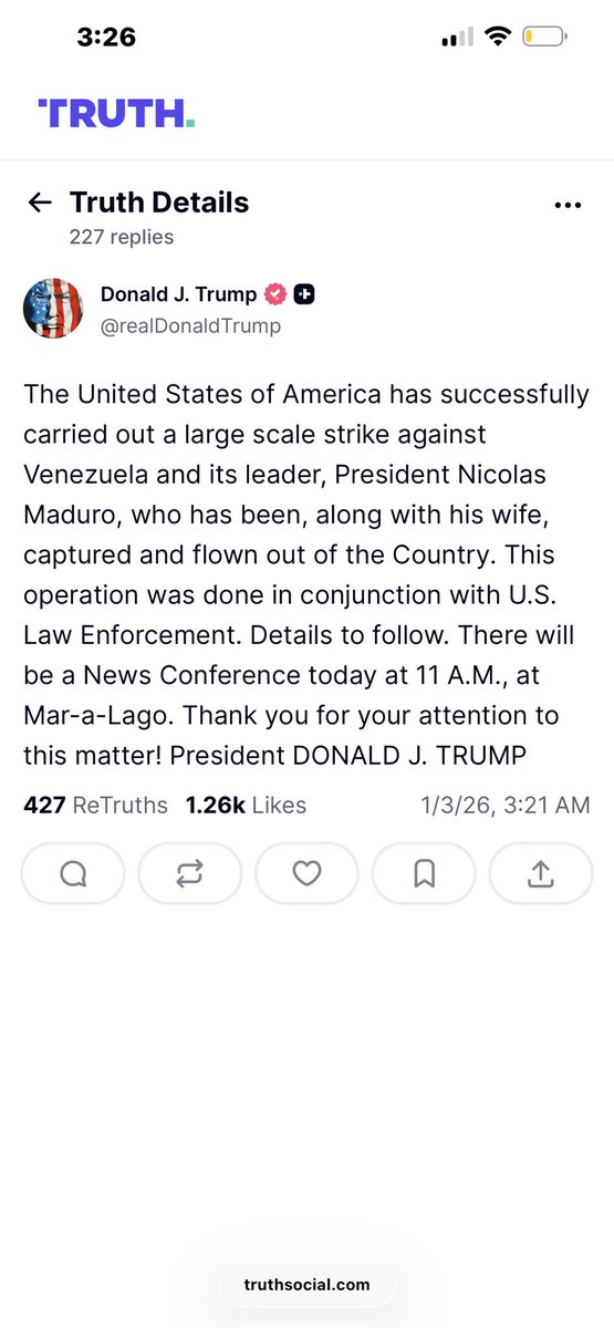 Tras ataques y #bombardeos en #Venezuela durante la madrugada de 03 de Enero 2026, el presidente #donaldtrump confirma que fue #estadosunidos quien atacó. Mañana a las 11 am habrá una conferencia con los detalles. 
Información en desarrollo 

#ultimahora