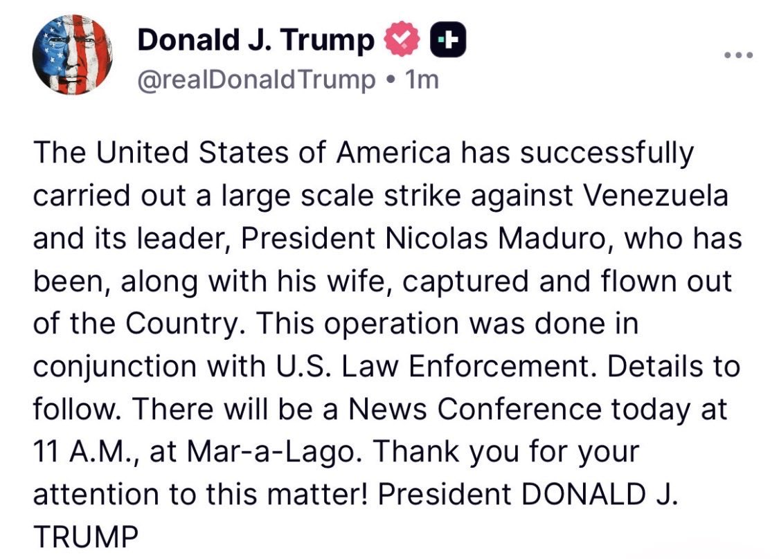 BastionMediaFR's tweet image. 🔴🇺🇸🇻🇪 𝗔𝗟𝗘𝗥𝗧𝗘 𝗜𝗡𝗙𝗢 — Donald Trump ANNONCE QUE LES ÉTATS-UNIS ONT CAPTURÉ LE PRÉSIDENT VÉNÉZUÉLIEN Nicolás Maduro.