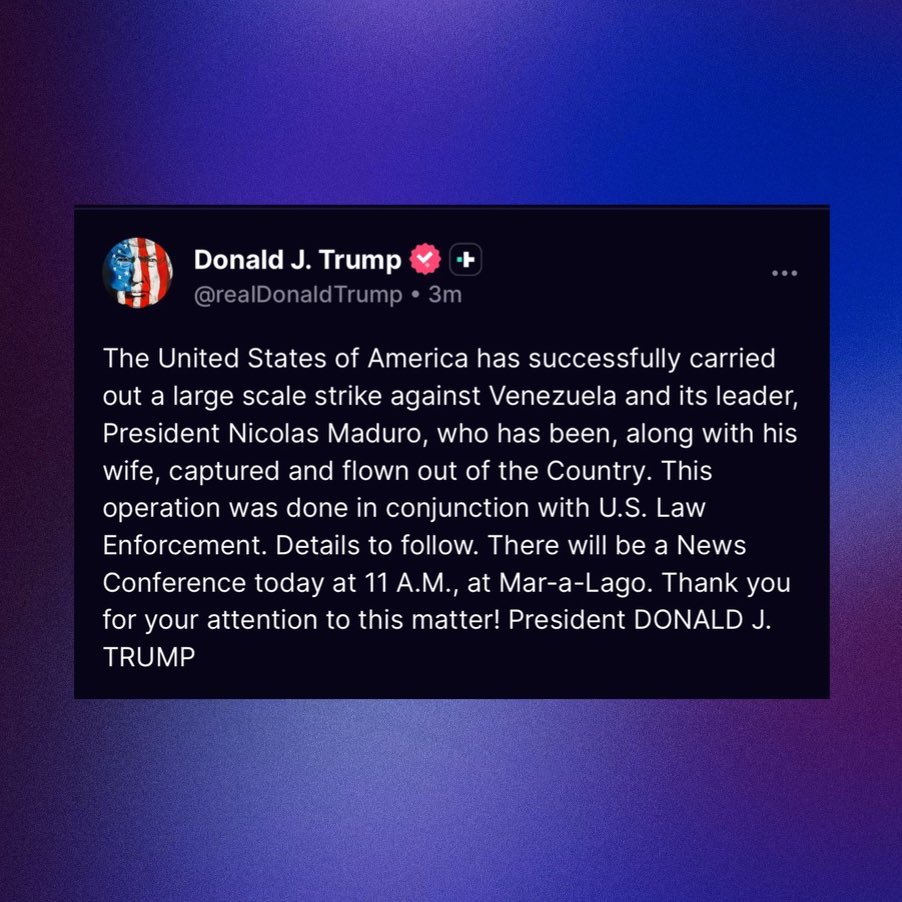 Donald Trump announces the United States carried out a “large scale strike” against Venezuela and captured Venezuelan President Nicolas Maduro and his wife.