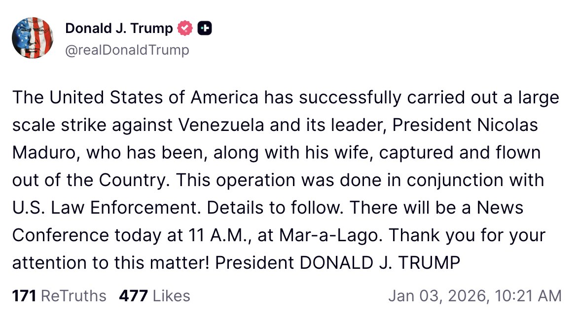 💥BREAKING:

US military arrested Venezuela's president Maduro and his wife