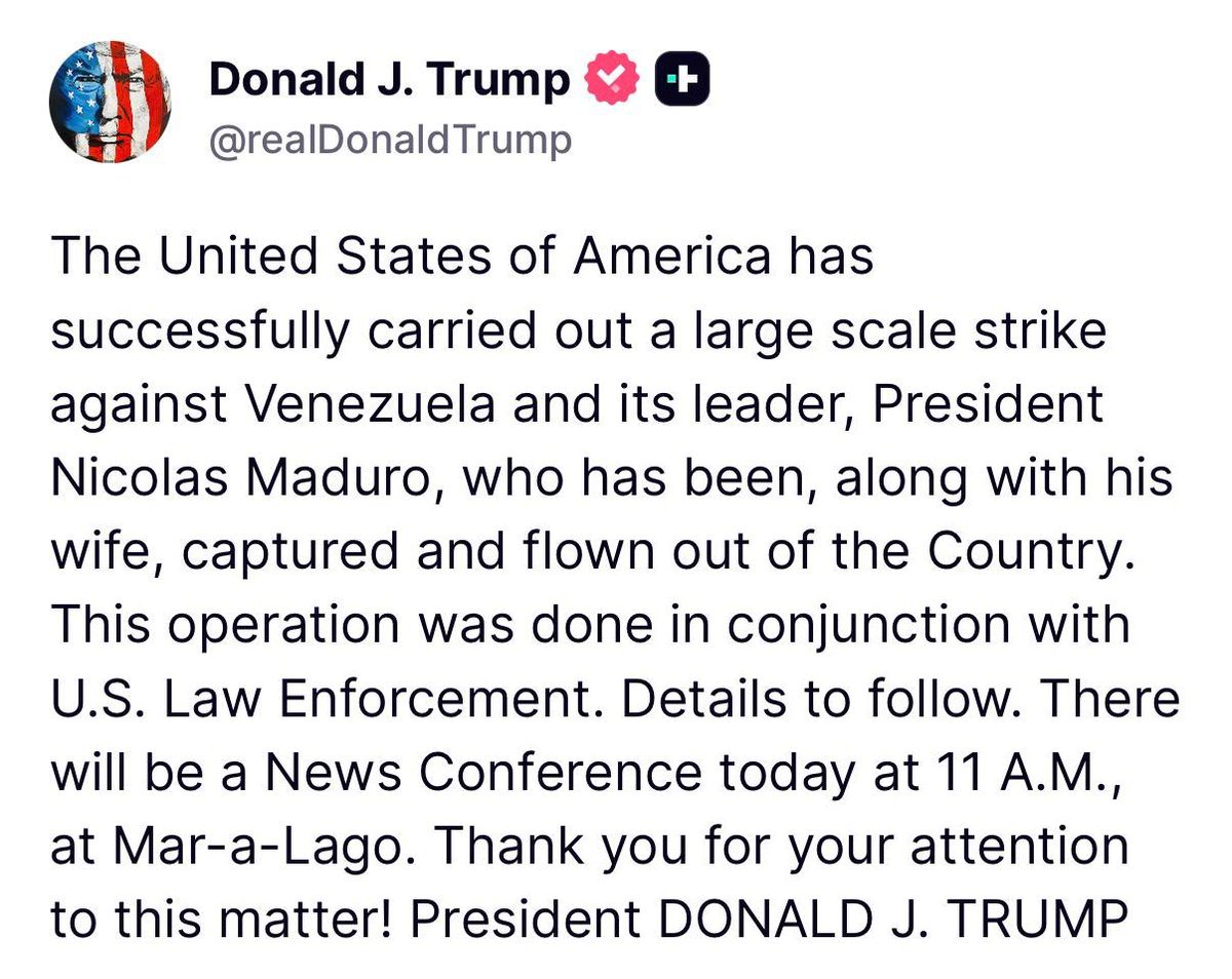 electo_mania's tweet image. ‼️Ultima Hora #Venezuela 🇻🇪- Trump confirma que el líder chavista, Nicolas Maduro, ha sido capturado y está fuera del país

Afirma que EEUU ha llevado a cabo un ataque contra el régimen y anuncia rueda de prensa a las 11:00 (hora local) en Mar-a-Lago.

👇
electomania.es/venezuela-mult…