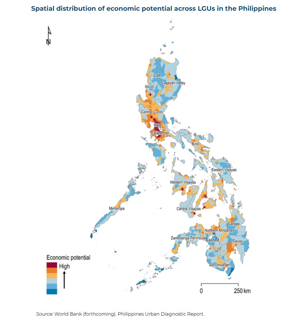 World_Data_A's tweet image. 🇵🇭🗺️🏙️⚙️📊 
Economic potential in the Philippines is highly concentrated and spatially uneven

Strong core, weak periphery: NCR, CALABARZON, and Central #Luzon stand out as high-potential clusters, forming the country’s dominant economic corridor.
*-* 
Urban pull is decisive: