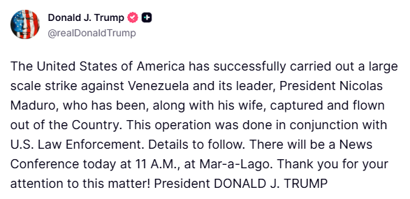 ABD Başkanı Trump, Venezuela Maduro ve eşinin yakalanarak, yurt dışına çıkarıldığını açıkladı.