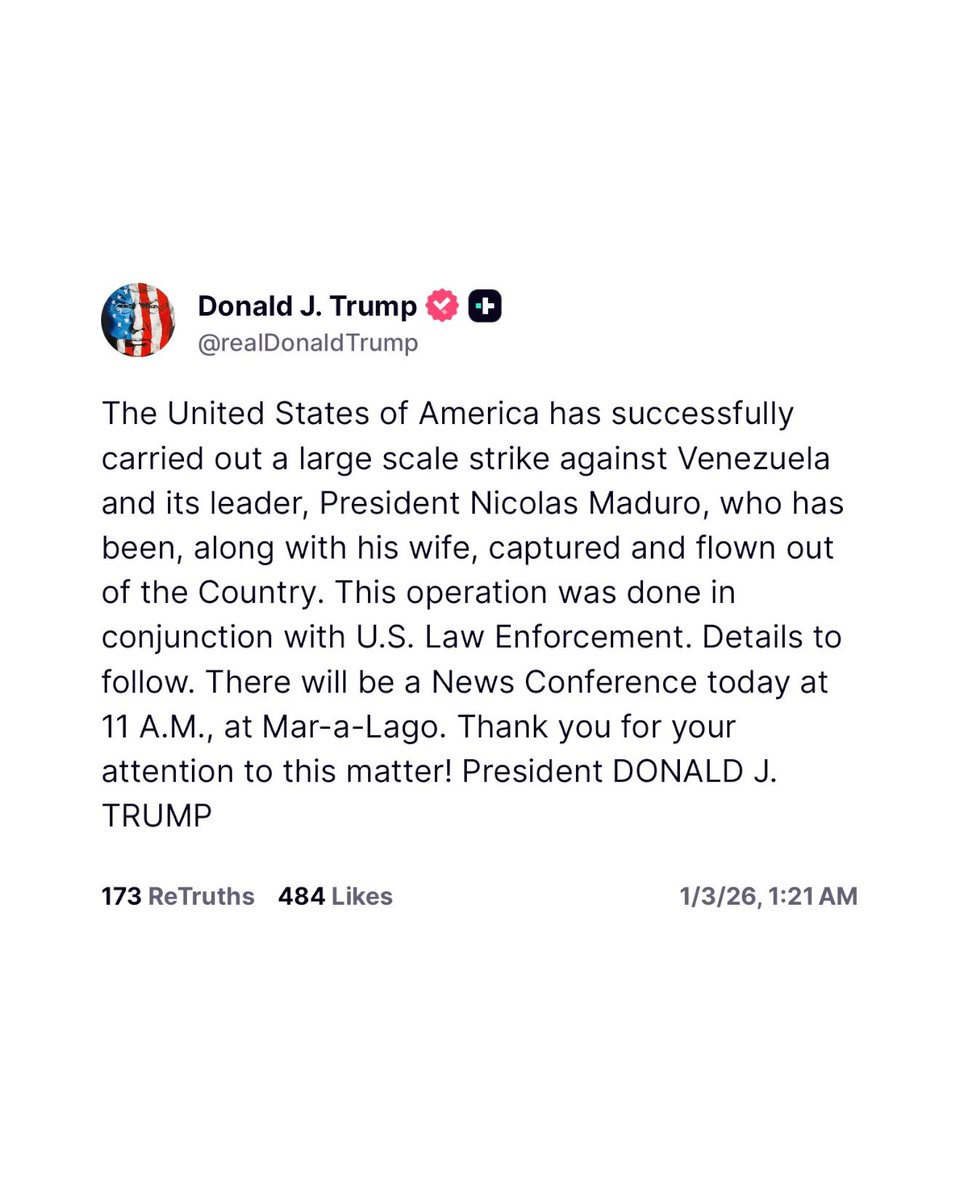 yashar's tweet image. BREAKING

President Trump says that the U.S. military has captured President Nicolás Maduro and his wife and that they have been flown out of the country.