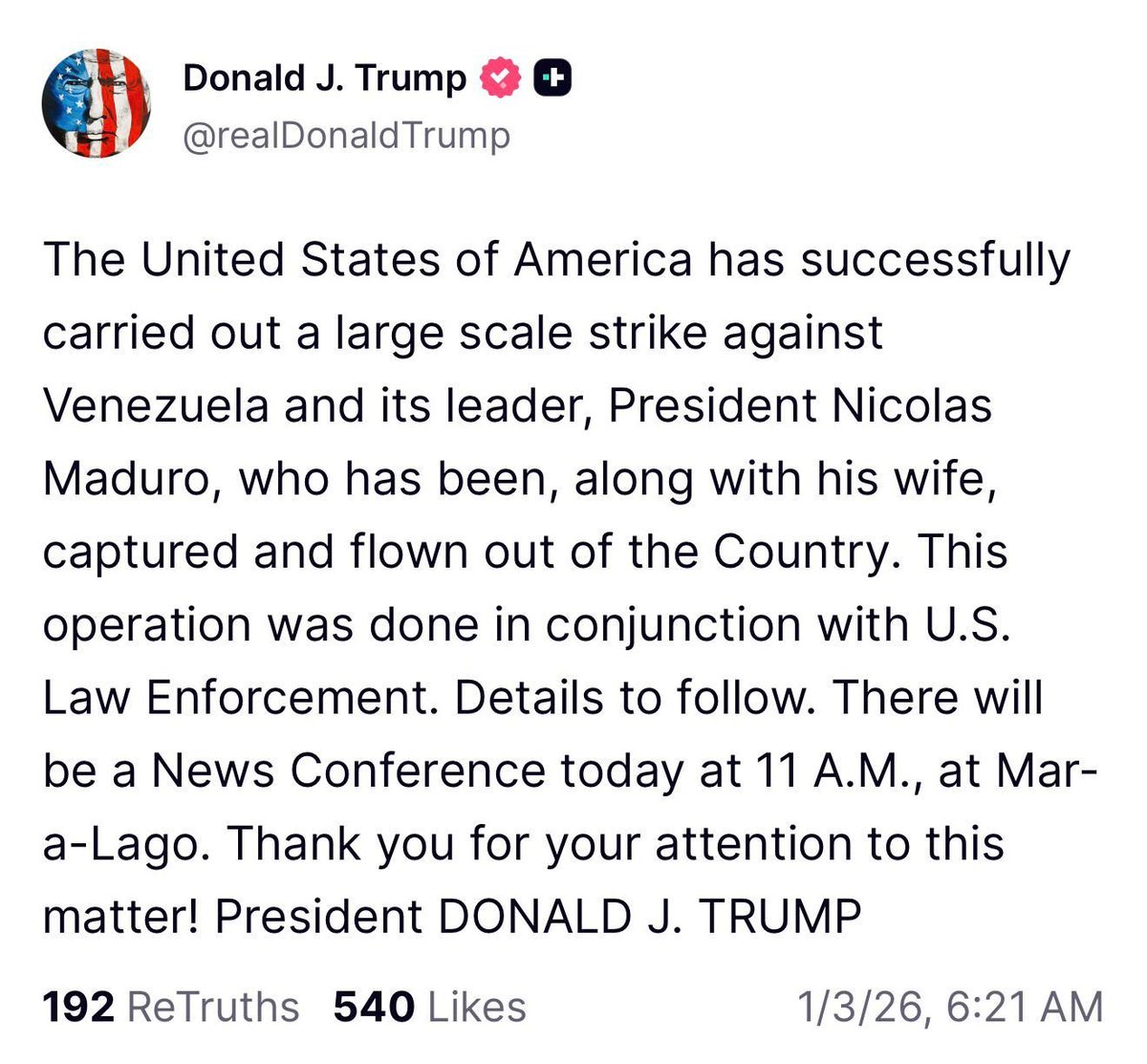 victoramaya's tweet photo. Donald Trump afirma en Truth Social que Nicolás Maduro y Cilia Flores han sido capturados y sacados de Venezuela. https://t.co/k1mcxEmWoN