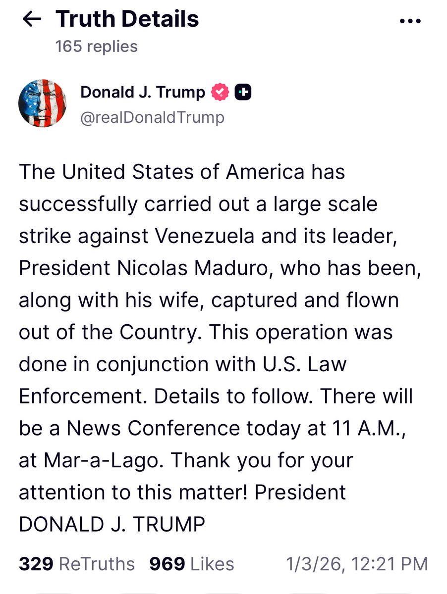 BREAKING — US CAPTURED MADURO AND HIS WIFE AND HAS FLOWN THEM OUT OF VENEZUELA 

— TRUMP