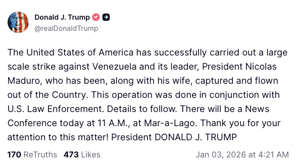 UHN_Plus's tweet image. 🇺🇸🇻🇪‼️ | HISTÓRICO — Estados Unidos captura al narco-dictador, usurpador y terrorista Nicolás Maduro, según confirma el propio Presidente Donald J. Trump.