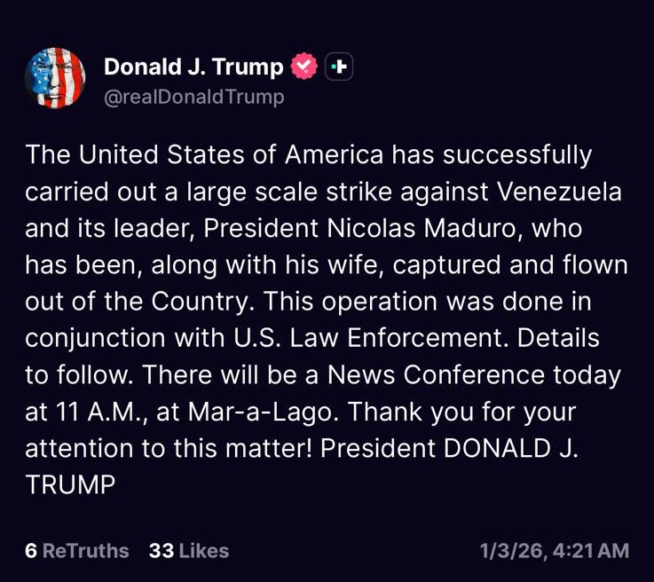 El presidente @potus confirma que Nicolás Maduro fue capturado. Esto representa un punto de quiebre: la caída de un régimen que destruyó la democracia y empobreció a millones. Que este momento abra la puerta a justicia, verdad y libertad para el pueblo venezolano.