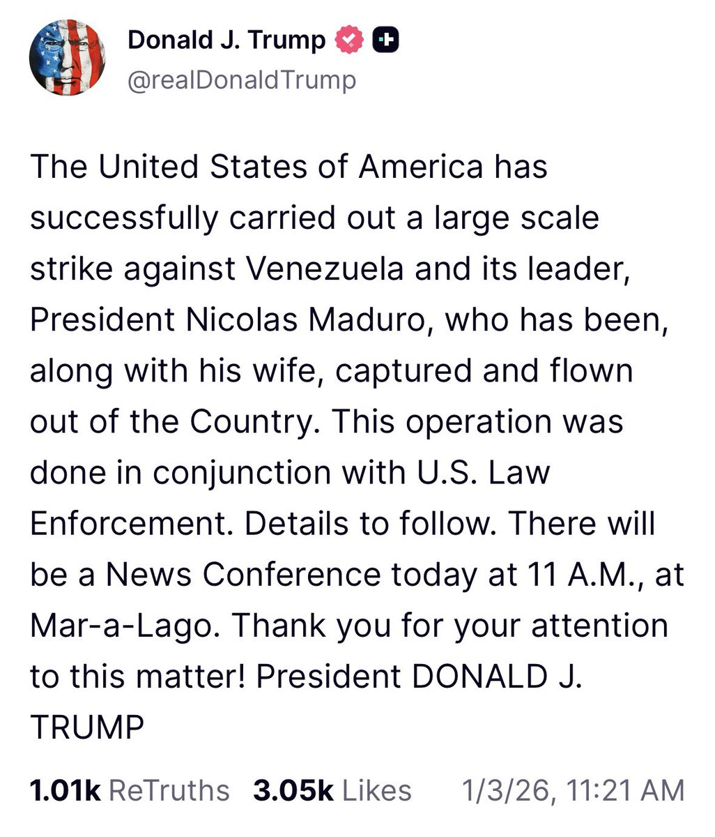 Trump is claiming on Truth social that the US has captured Maduro and his wife, what on earth is going on?