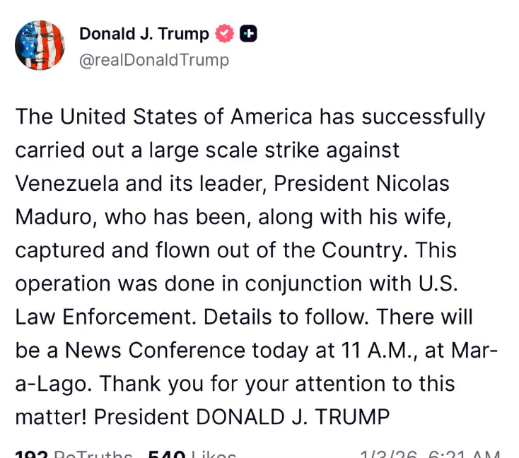 📢#ULTIMAHORA | Donald Trump, publicó en Truth, que Nicolás Maduro y su esposa fueron capturados y sacados del país, luego del ataque realizado en #Venezuela 

Darán más información a las 11 AM 
#TeConvieneSaberMás 🔎
