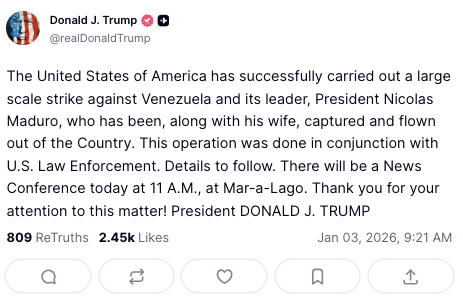 hoje_no's tweet image. O ditador venezuelano Nicolás Maduro foi capturado pelos EUA. Segundo o Presidente Trump, ele e a sua mulher foram capturados e já retirados do país.