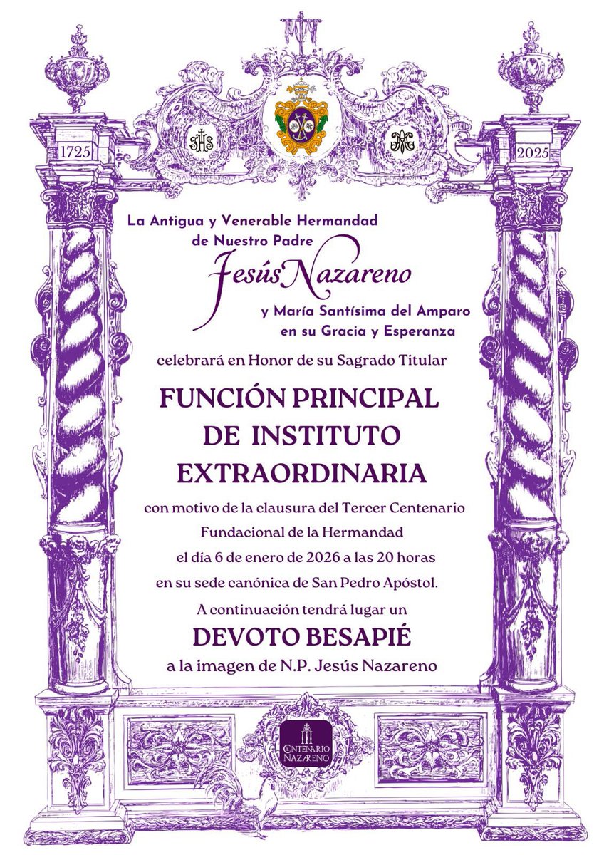 ✝️ Clausura Centenario

El lunes 6 de enero a las 20 h celebraremos Función Principal de Instituto Extraordinaria con motivo de la clausura del III Centenario Fundacional de nuestra Hermandad en la Iglesia De San Pedro

Al finalizar la Eucaristía tendrá lugar un devoto besapié
