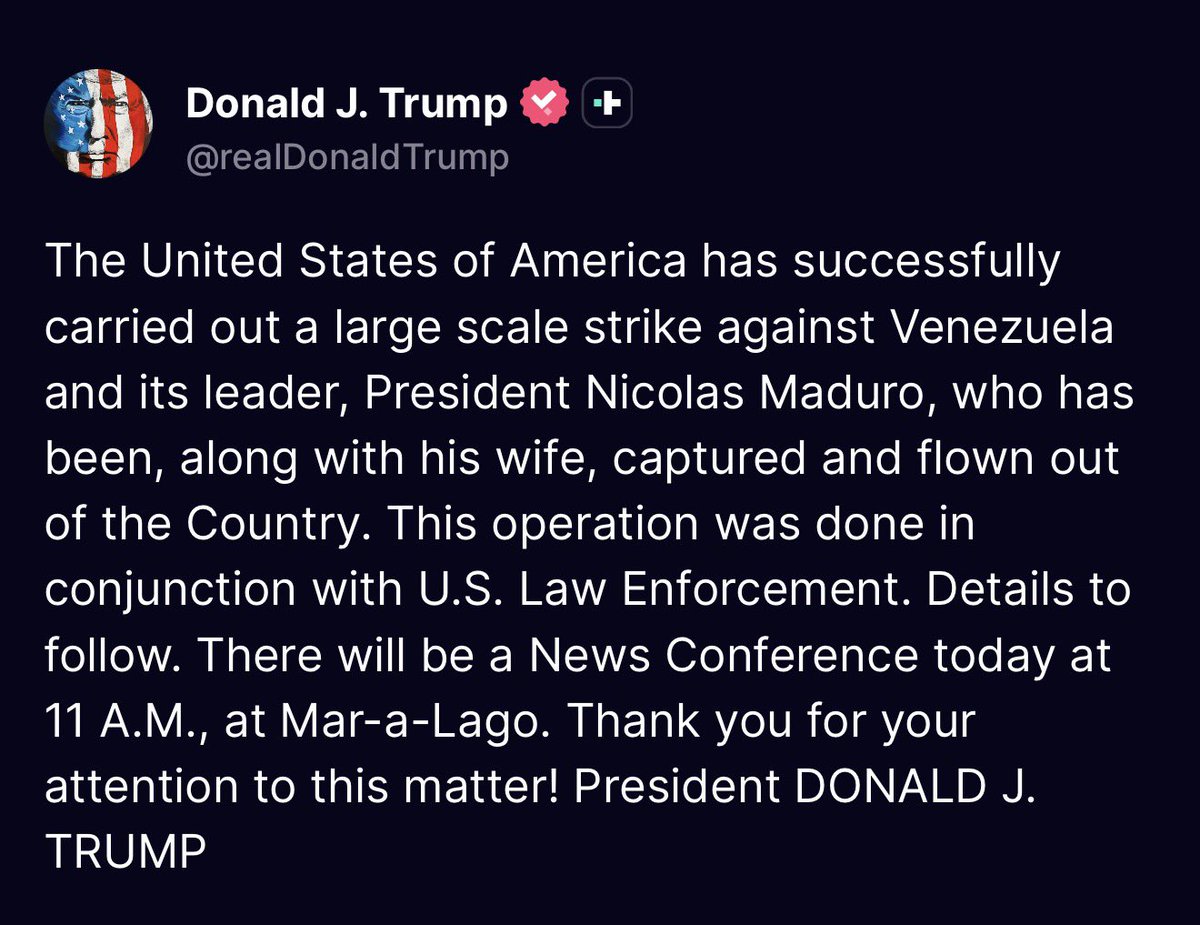 Javierito321's tweet image. A LA RECONTRAMIERDAAAAA 

URGENTEEE, Trump confirma en su cuenta oficial de TruthSocial que Maduro y Cilia fueron capturados y sacados de Venezuela.