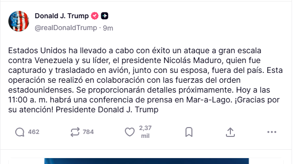 #URGENTE | El Presidente de Estados Unidos, dice que, el presidente de Venezuela, Nicolás Maduro y su esposa han sido capturados tras los bombardeos registrados esta madrugada en diferentes puntos clave de Caracas. 

<a href="/andresGgaitan/">José Andrés González G</a> 
Caracol.com.co